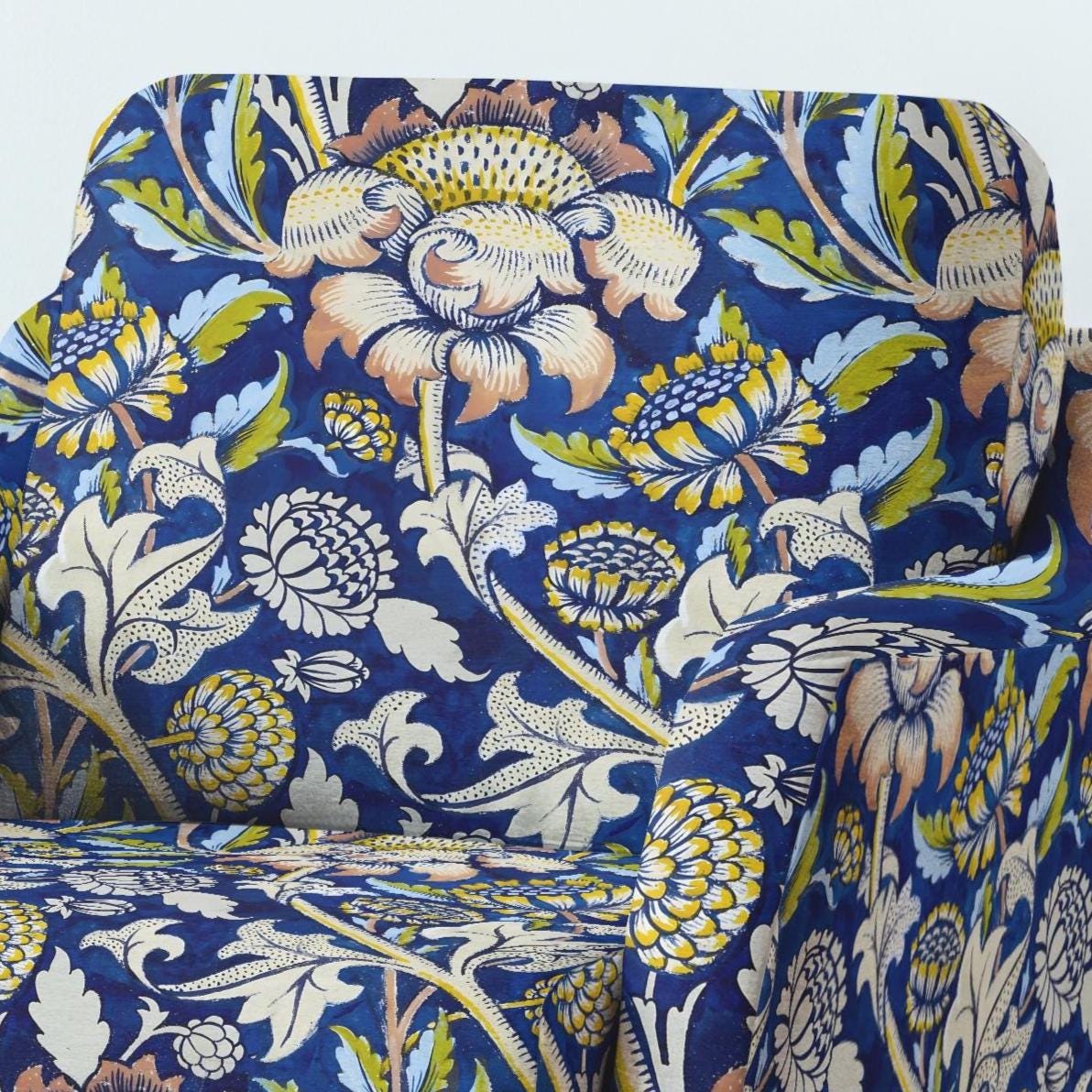 100% LINEN Fabric UPHOLSTERY 12oz - William Morris Wey block print  -Victorian Art craft fabric - floral blue upholstery heavy 362