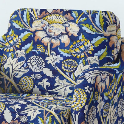 100% LINEN Fabric UPHOLSTERY 12oz - William Morris Wey block print  -Victorian Art craft fabric - floral blue upholstery heavy 362