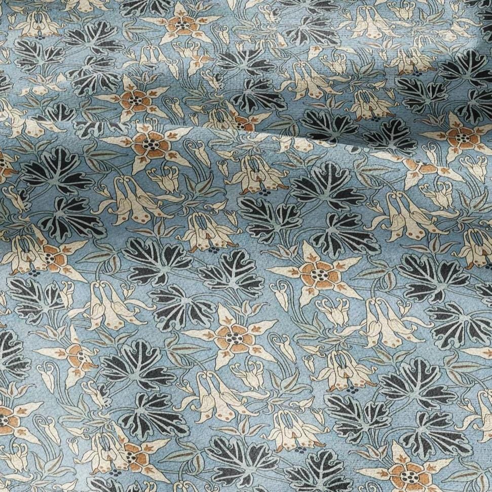 100% linen Columbine prints fabric for Curtain Upholstery Cushion - Art deco blue flower print fabric for dress making sewing