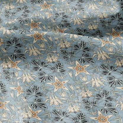 100% linen Columbine prints fabric for Curtain Upholstery Cushion - Art deco blue flower print fabric for dress making sewing