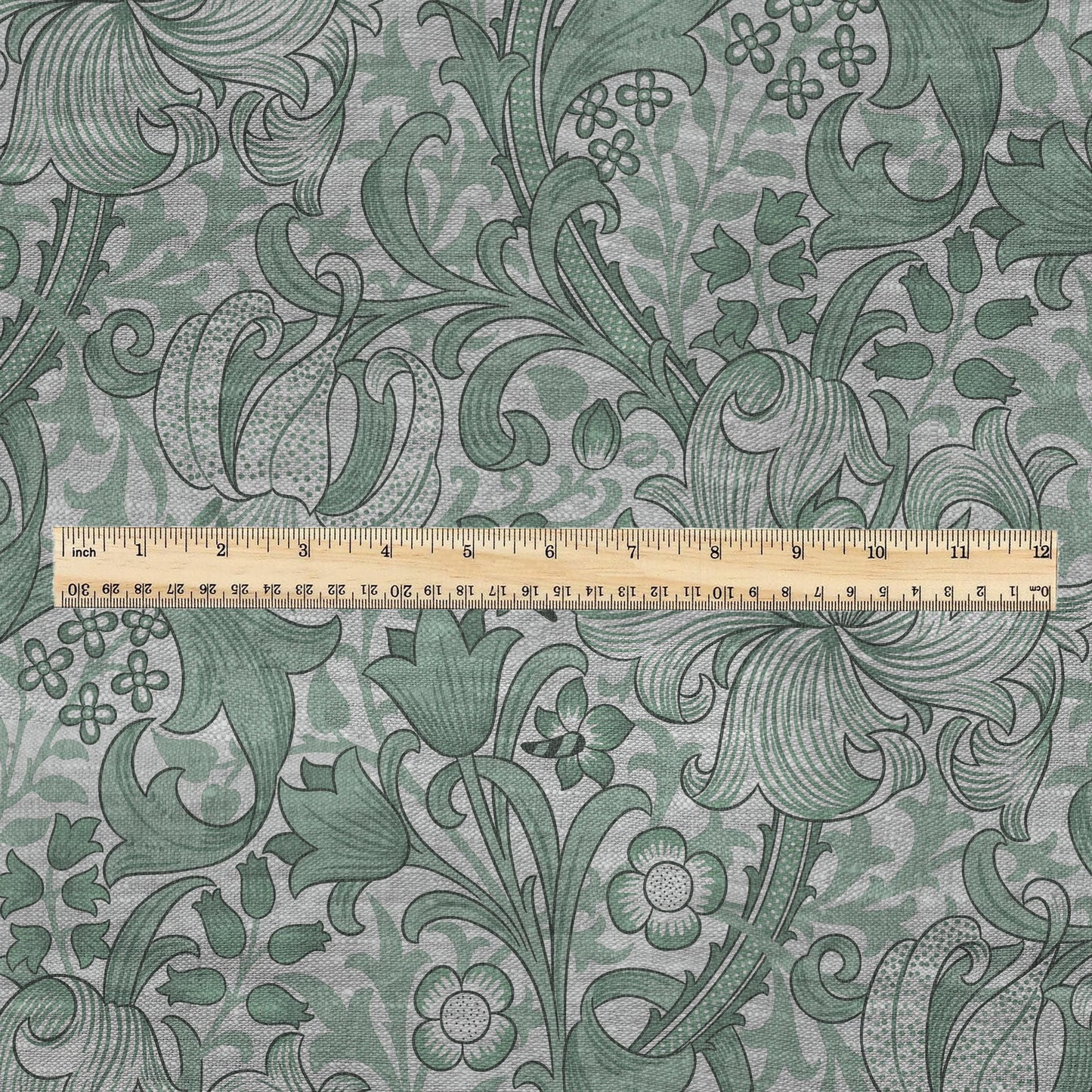 100% LINEN Fabric William Morris Golden Lily sage green - oatmeal linen botanical print - Victorian Art Craft Historical green gray 3234