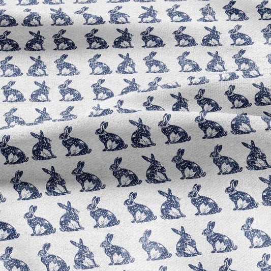 100% LINEN Fabric Rabbit indigo blue  print - bunny linen fabric with blue coastal print for upholstery home decor 2427