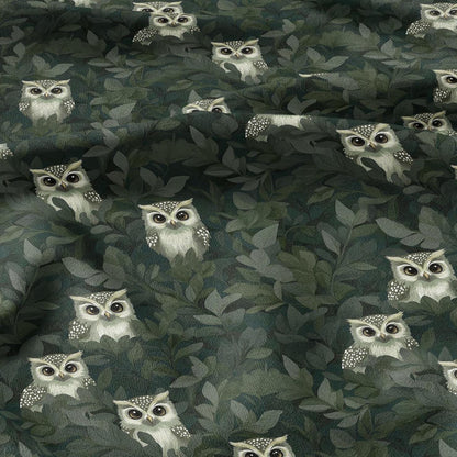 100% linen Greenery Owl Print fabric for Curtain Upholstery Cushion - Green Bird forest - for dress making sewing 2210