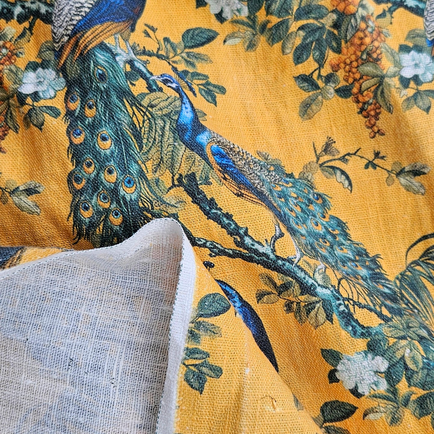 100% LINEN Fabric oriental print with peacock - toile de jouy botanical mustard yellow - upholstery home decor clothing  sewing 316