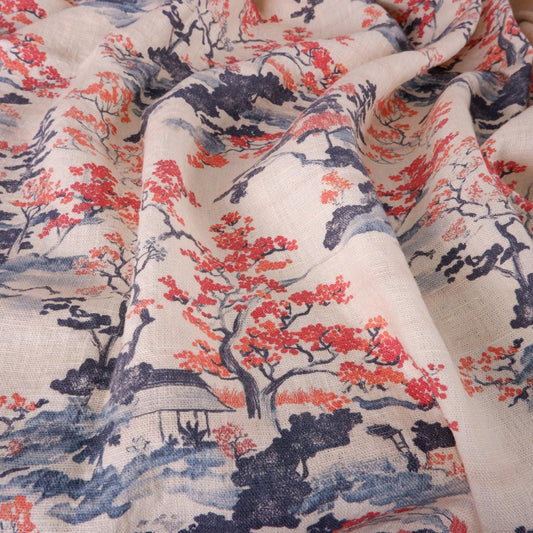 100% LINEN Fabric Floral print, Autumn in Japan botanical print linen fabric, heavy linen fabric for upholstery home decor curtains cushions