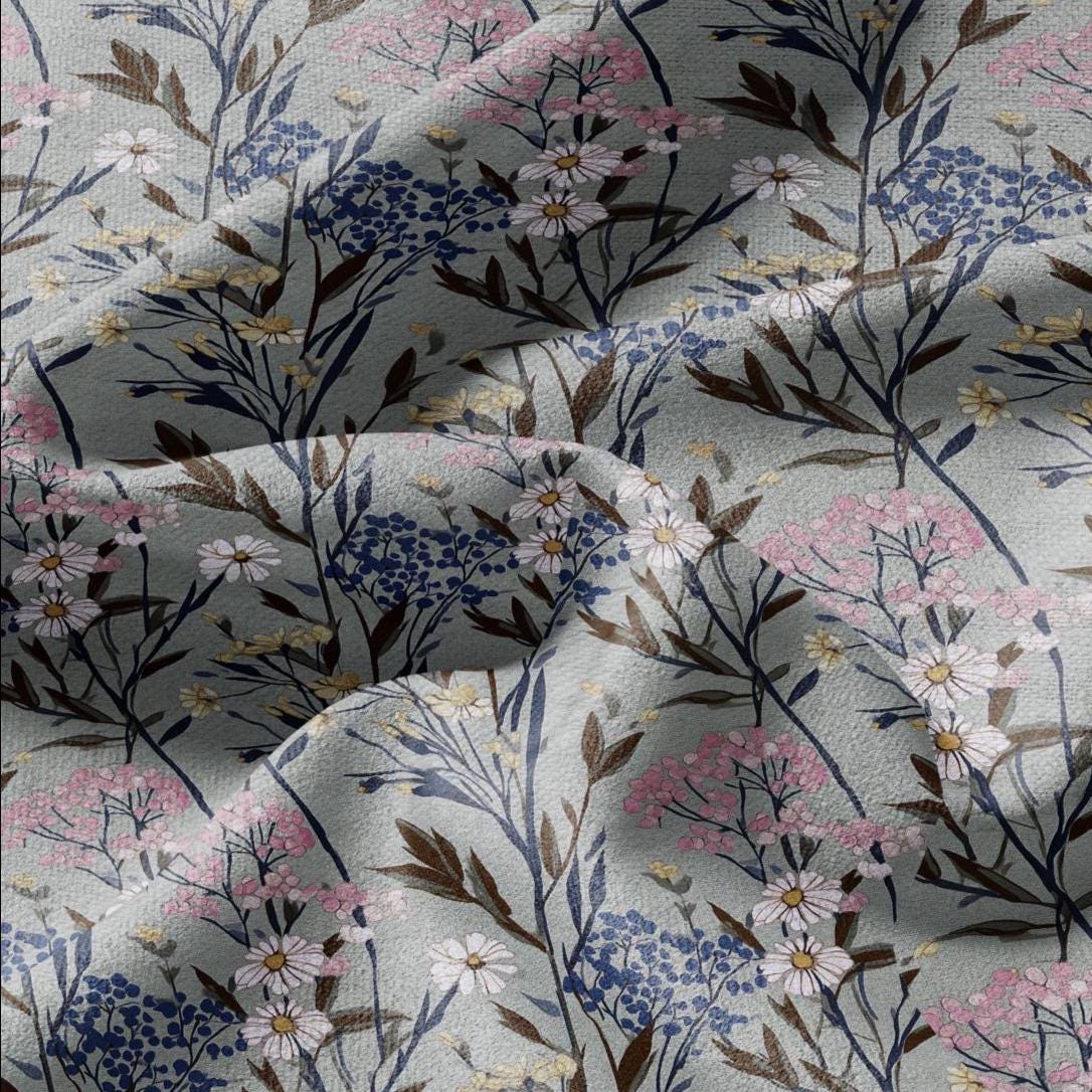 100% LINEN Fabric flowers print - Meadow botanical  upholstery home textile artisan pink gray bluee 2748