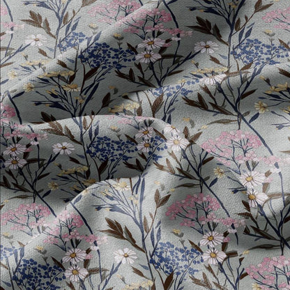 100% LINEN Fabric flowers print - Meadow botanical  upholstery home textile artisan pink gray bluee 2748