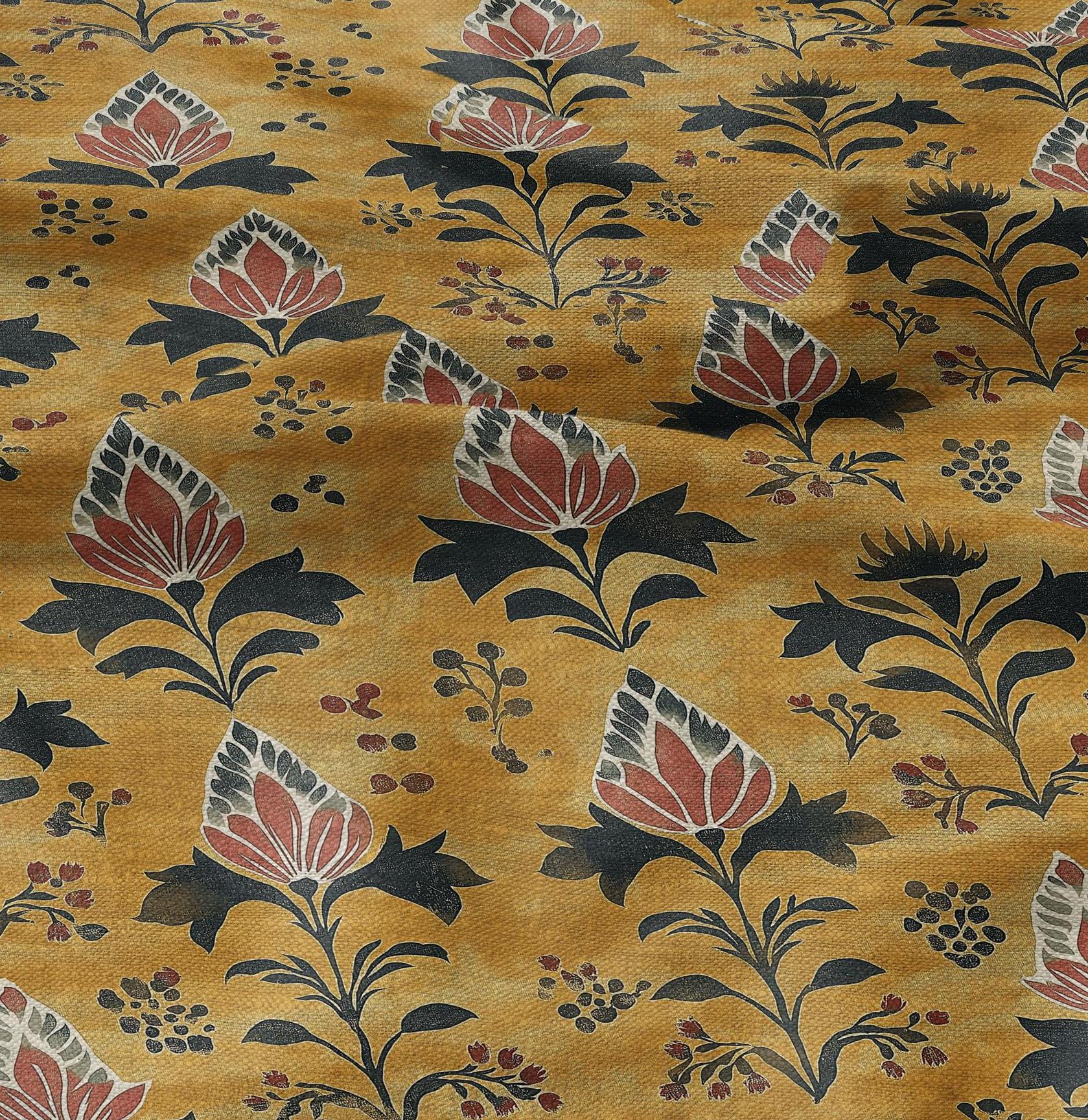 100% LINEN Fabric block print in mustard yellow - linen fabric with mustard floral print - linen fabric upholstery home decor dressmaking