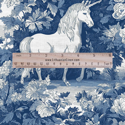 100% LINEN Fabric Unicorn - toile de jouy fairytale print heavy for upholstery home decor or medium for dress making - blue chinoiserie 2810