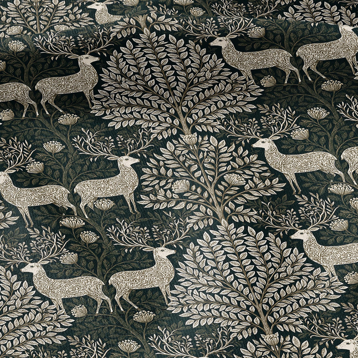 100% LINEN Fabric Woodland - Green beige floral print with Reindeer Neutral Fabric by the Yard by LithuanianLinen 3872
