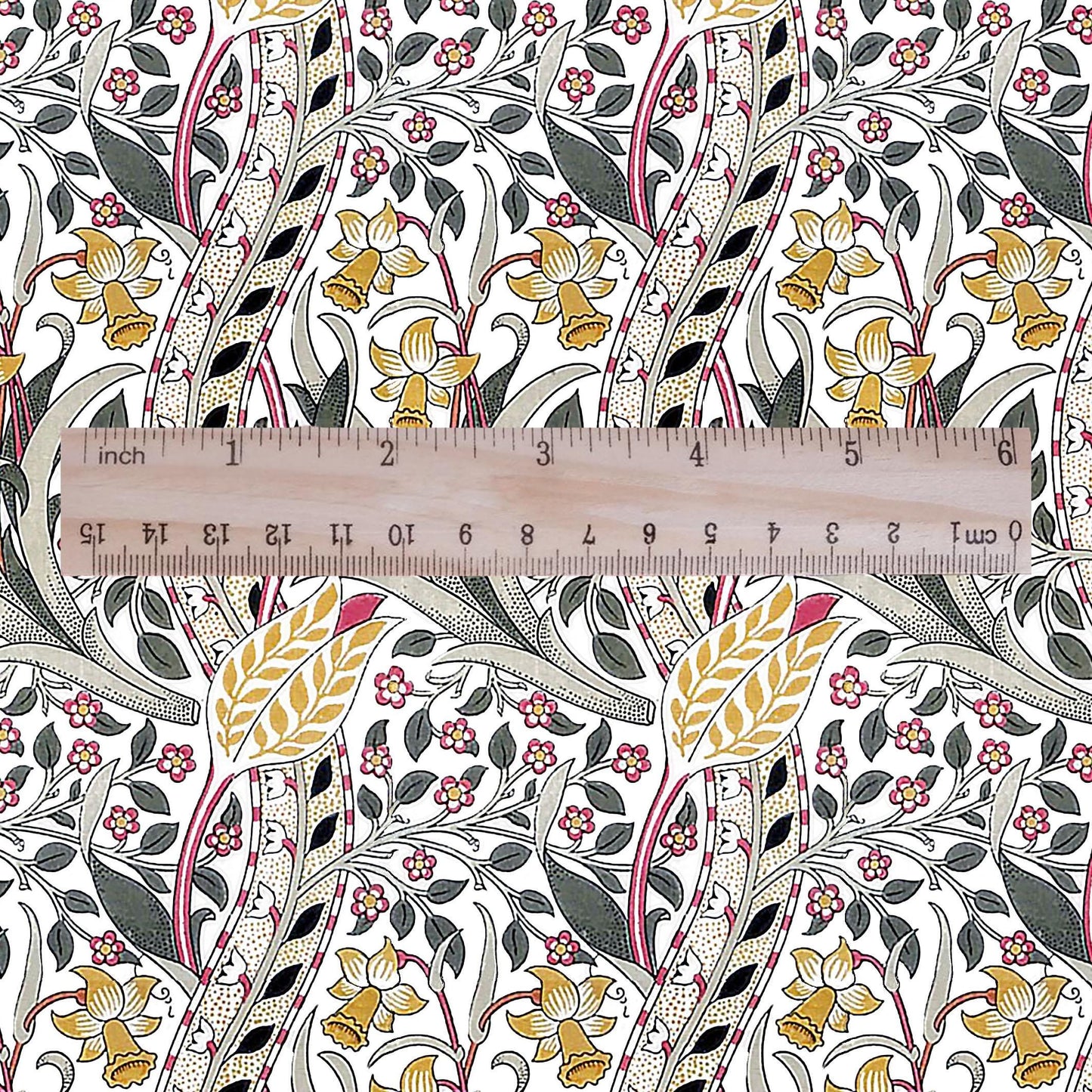100% LINEN Fabric William Morris Daffodil print - Modern vintage botanical - Victorian Art Craft yellow red 3132