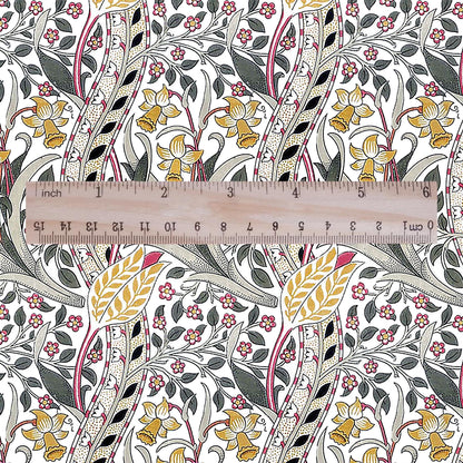 100% LINEN Fabric William Morris Daffodil print - Modern vintage botanical - Victorian Art Craft yellow red 3132
