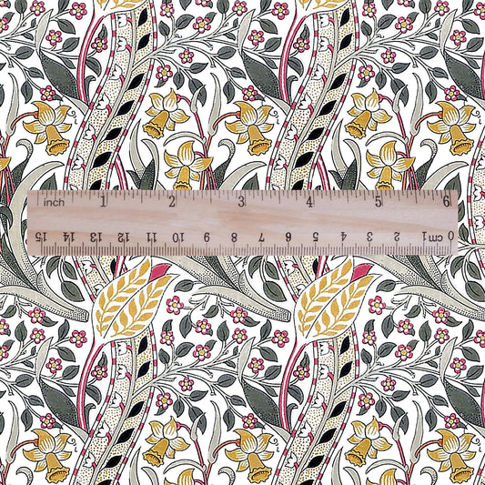 100% LINEN Fabric William Morris Daffodil print - Modern vintage botanical - Victorian Art Craft yellow red 3132