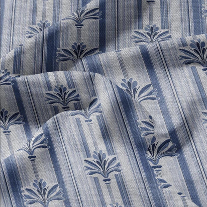 100% LINEN Fabric stripe fleur de lis blue print - botanical floral on oatmeal linen - modern vintage 3129