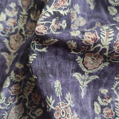 100% LINEN Fabric block print indian purple 3656 -  oatmeal linen fabric with green floral print decor