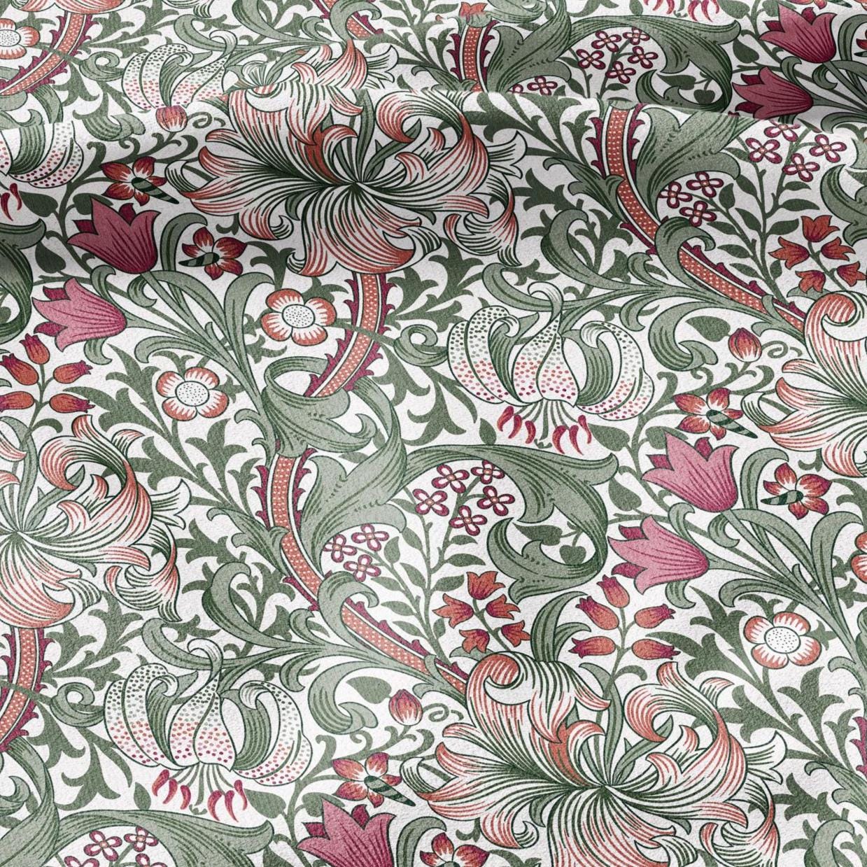 100% LINEN Fabric William Morris Golden Lily green red - British linen floral upholstery home textile Victorian fabrics 3230