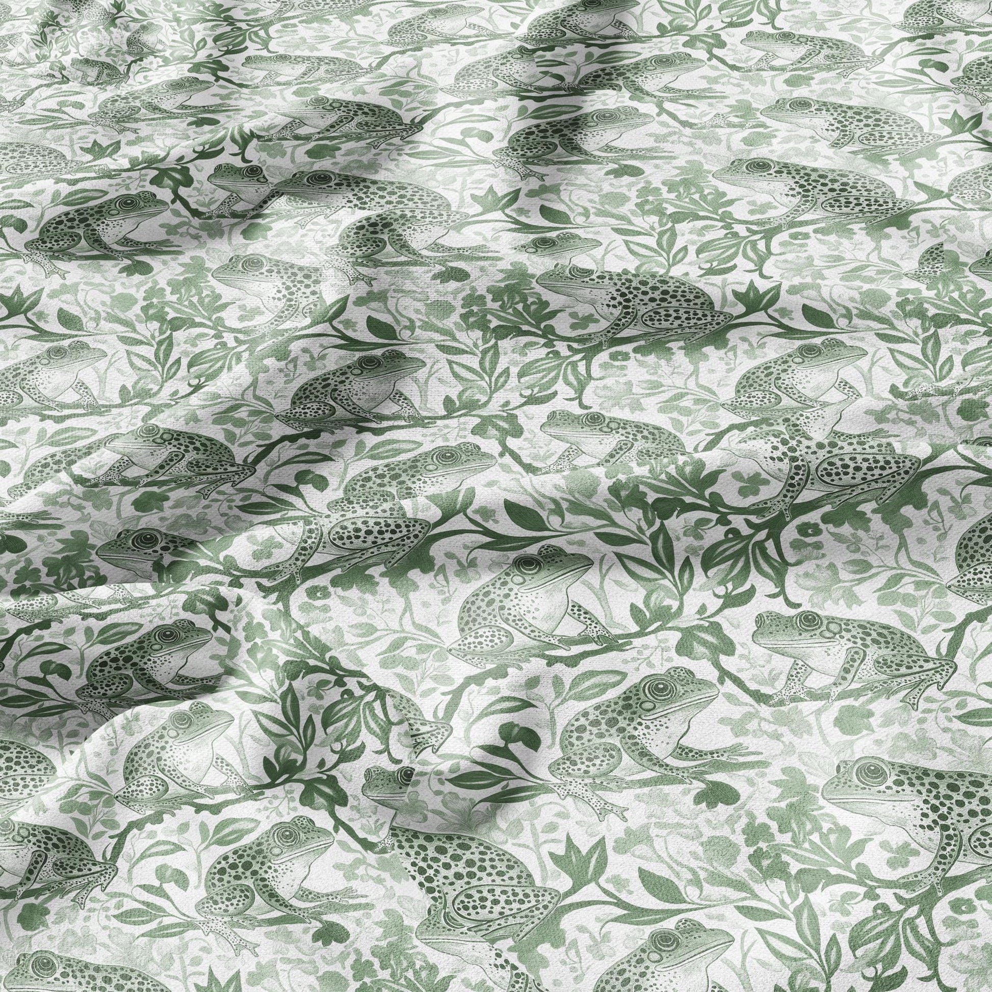 100% LINEN Fabric toile de jouy Frog Nautical print - green white linen fabric with blue coastal print for upholstery home decor