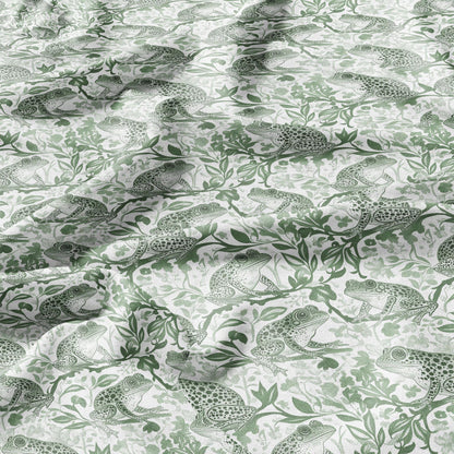 100% LINEN Fabric toile de jouy Frog Nautical print - green white linen fabric with blue coastal print for upholstery home decor