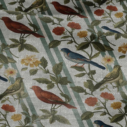 100% LINEN Fabric print Birds print - floral botanical Mid-century  print - heavy for home decor clothing 2745