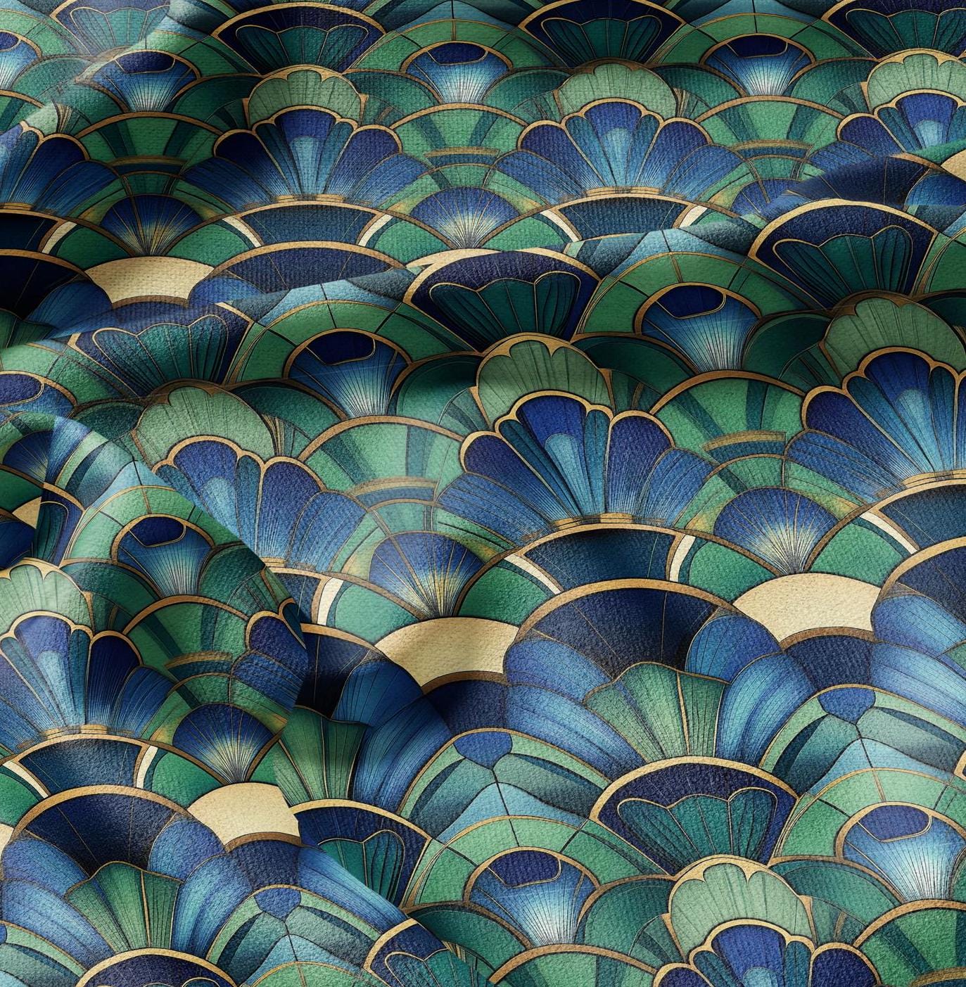 100% LINEN Fabric Art deco blue green - fan print linen Fabric LithuanianLinen for upholstery dressmaking curtains home textile Art Noveau