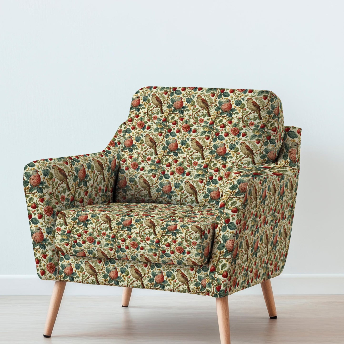 100% LINEN Fabric UPHOLSTERY 12oz - Birds in strawberry field colorful print on linen - berry floral upholstery 349