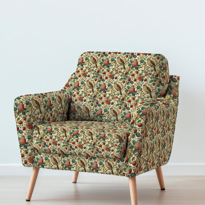 100% LINEN Fabric UPHOLSTERY 12oz - Birds in strawberry field colorful print on linen - berry floral upholstery 349