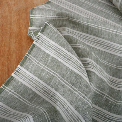 Premium Linen striped Fabric in green white | Heavy weight French country ticking stripes in green black blue yellow white