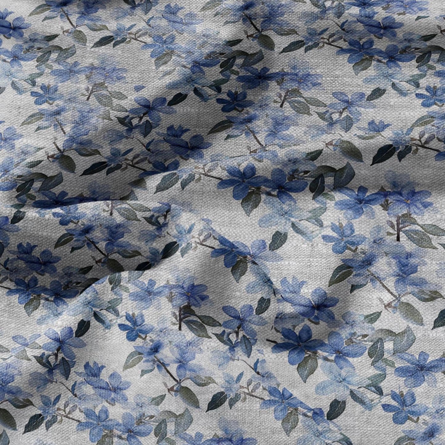 100% LINEN Fabric floral blue blossom print on oatmeal linen - blue gray heavy fabric for upholstery - medium weight linen dress making