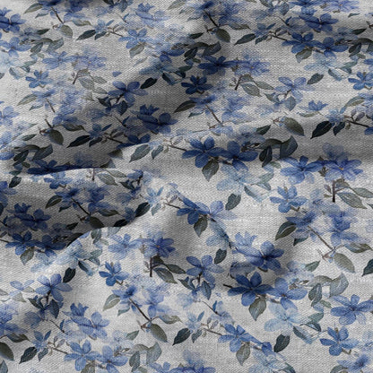 100% LINEN Fabric floral blue blossom print on oatmeal linen - blue gray heavy fabric for upholstery - medium weight linen dress making