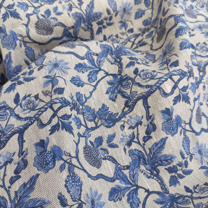 100% LINEN Fabric french blue block print on oatmeal natur linen, floral toile de jouy fabric, French linen floral upholstery 337