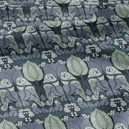 Owl Voysey blue print on 100% LINEN - Victorian Art crafts linen Fabric - botanical Historical upholstery home textile