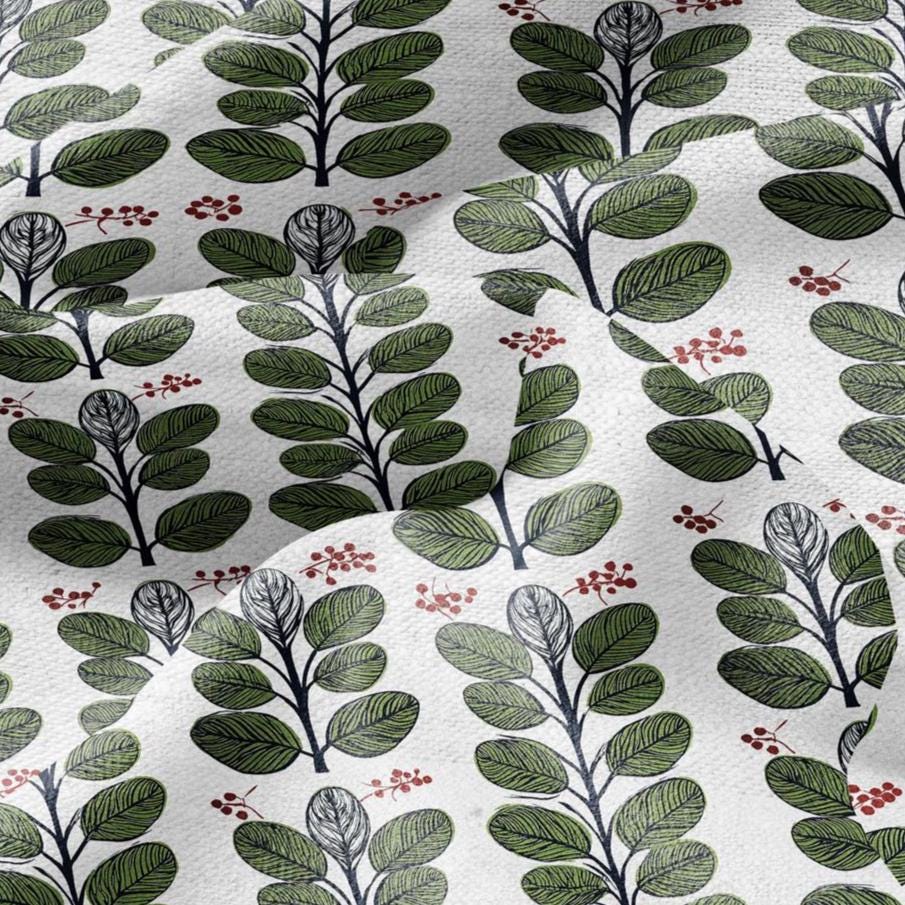 100% LINEN Fabric Swedish Valnot green leaves print - Walnut leaves botanical stripe upholstery home textile artisan green white 2749