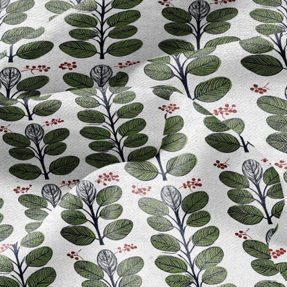 100% LINEN Fabric Swedish Valnot green leaves print - Walnut leaves botanical stripe upholstery home textile artisan green white 2749
