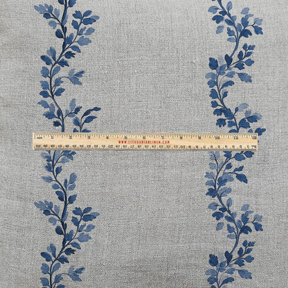 100% LINEN Fabric UPHOLSTERY 12oz - Waves leaves blue print on linen - Modern vintage Victorian coastal marine upholstery 2710