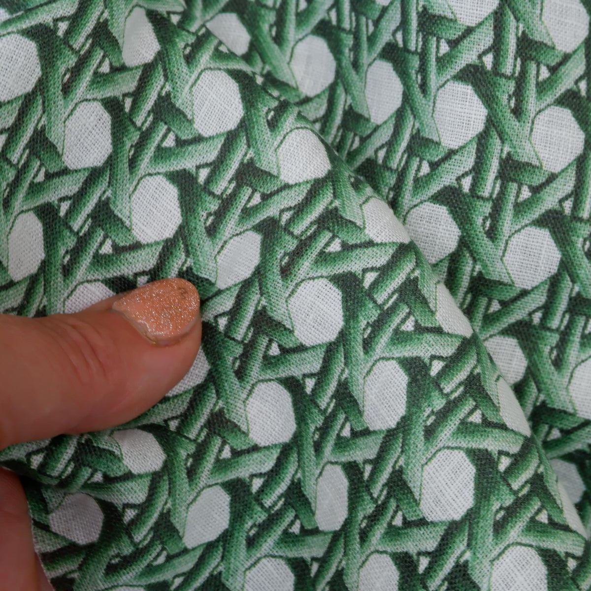100% LINEN Fabric green bamboo trellis - botanical textile artisan fabrics green white 3685