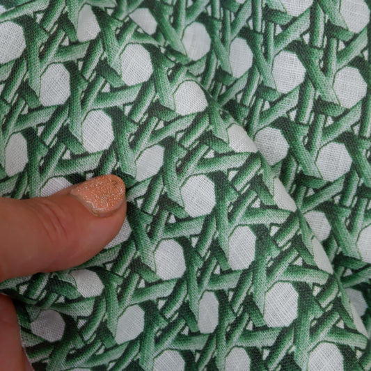 100% LINEN Fabric green bamboo trellis - botanical textile artisan fabrics green white 3685