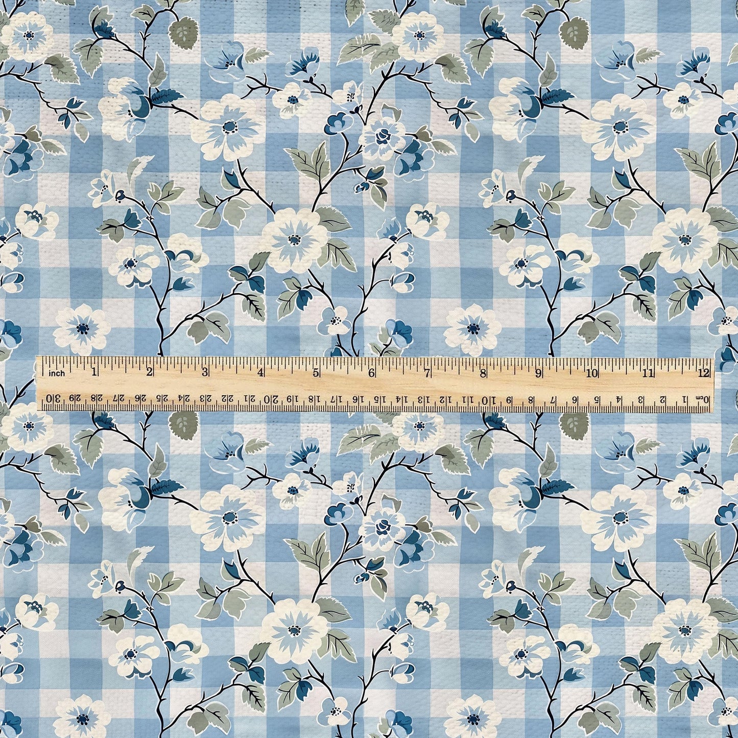 100% LINEN Fabric pink Gingham blue floral print - botanical upholstery home textile artisan fabrics blue white 2744
