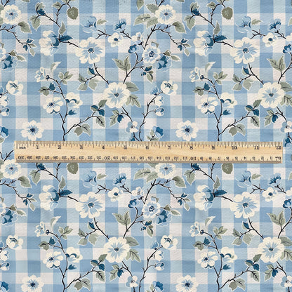 100% LINEN Fabric pink Gingham blue floral print - botanical upholstery home textile artisan fabrics blue white 2744