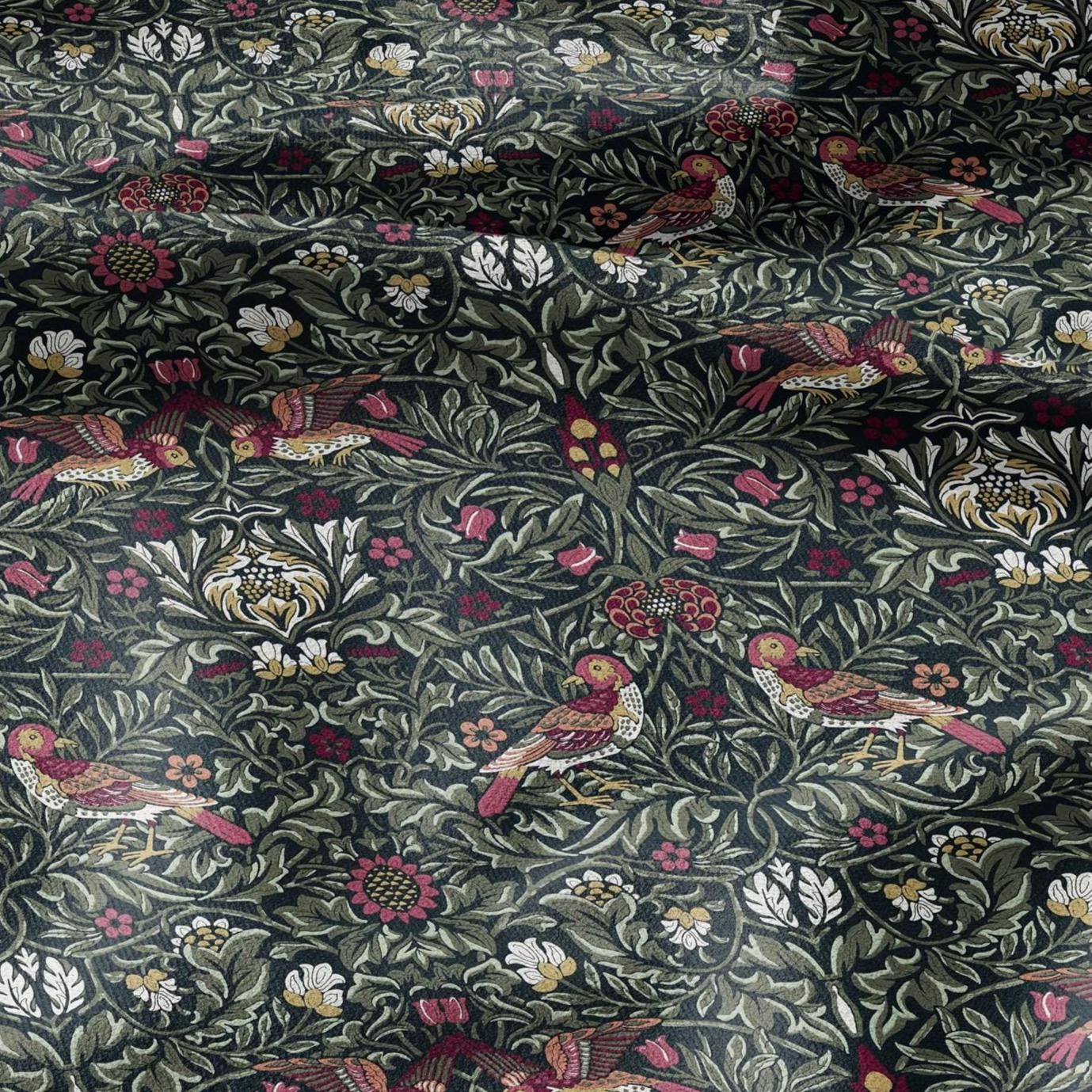 100% LINEN Fabric Modern abstract green Birds - William Morris Victorian Pattern - heavy linen fabric for upholstery home decor 3119