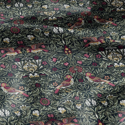 100% LINEN Fabric Modern abstract green Birds - William Morris Victorian Pattern - heavy linen fabric for upholstery home decor 3119