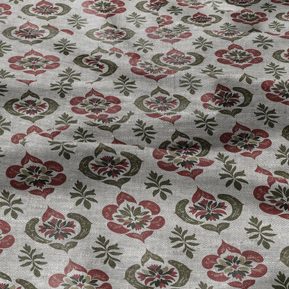 100% LINEN Fabric hand block print flowers - oatmeal linen fabric with red green print - fabric for home decor upholstery