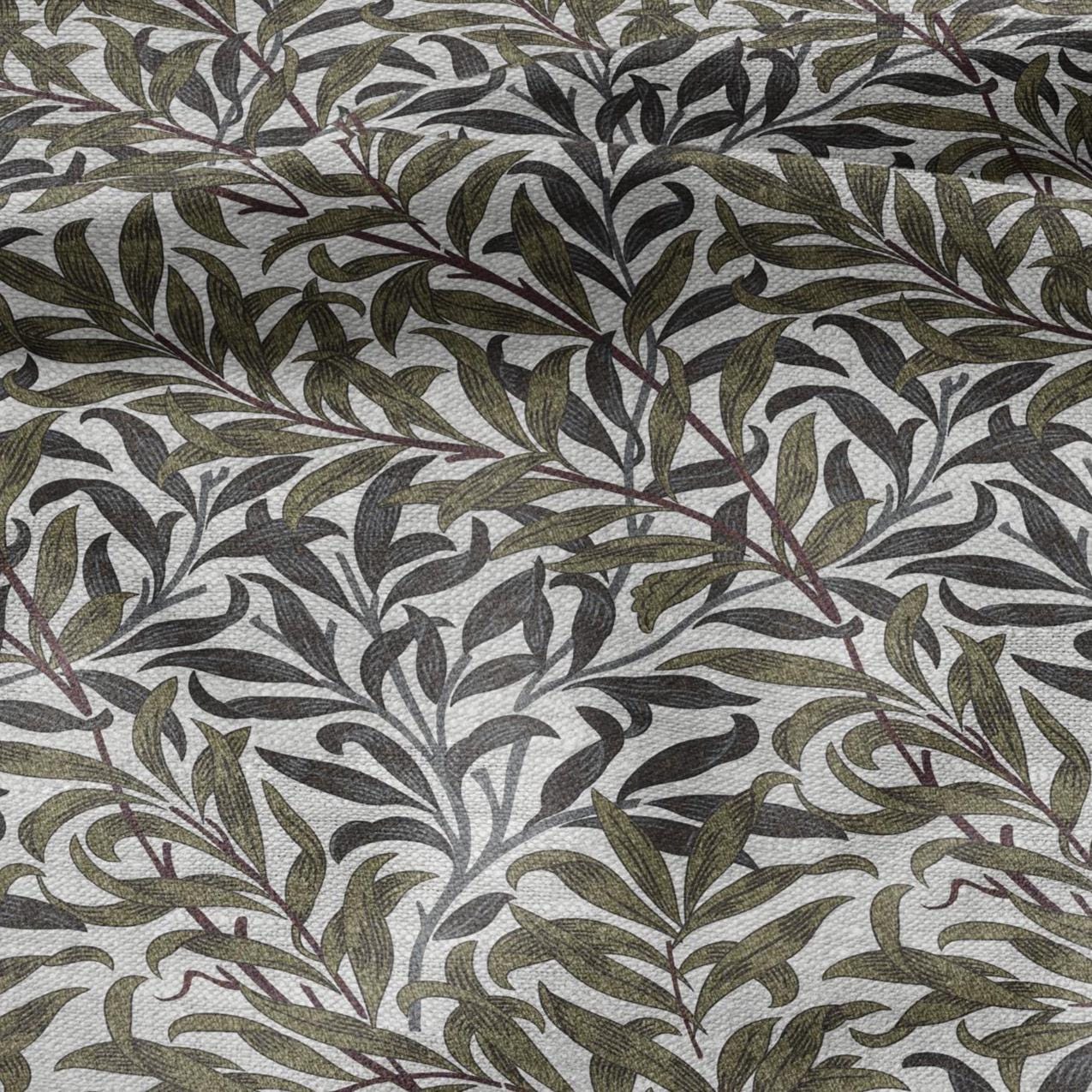 100% LINEN Fabric William Morris Bough Willow khaki gray - oatmeal linen fabric with botanical print - Victorian Art Craft Historical 3217