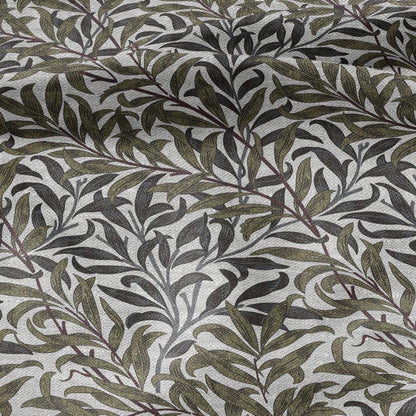 100% LINEN Fabric William Morris Bough Willow khaki gray - oatmeal linen fabric with botanical print - Victorian Art Craft Historical 3217