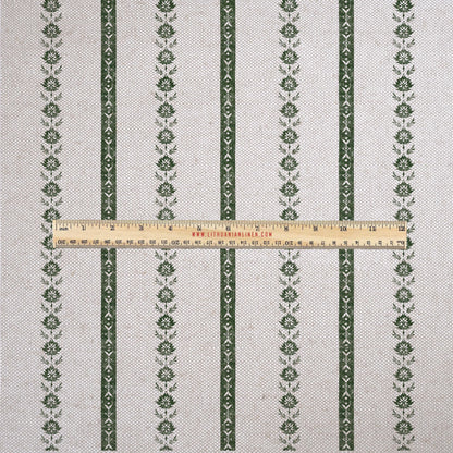 100% LINEN Fabric UPHOLSTERY 12oz - stripe block print - oatmeal linen fabric with green floral print  - Modern Vintage upholstery 2687