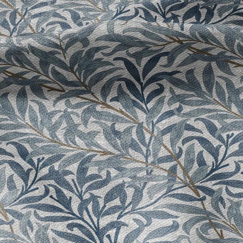 100% LINEN Fabric William Morris Bough Willow - oatmeal natur linen fabric with botanical print - Victorian Art Craft Historical blue 3195
