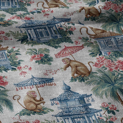 100% LINEN Fabric monkey chinoiserie print - oatmeal linen fabric with chinoiserie print - modern vintage 3338