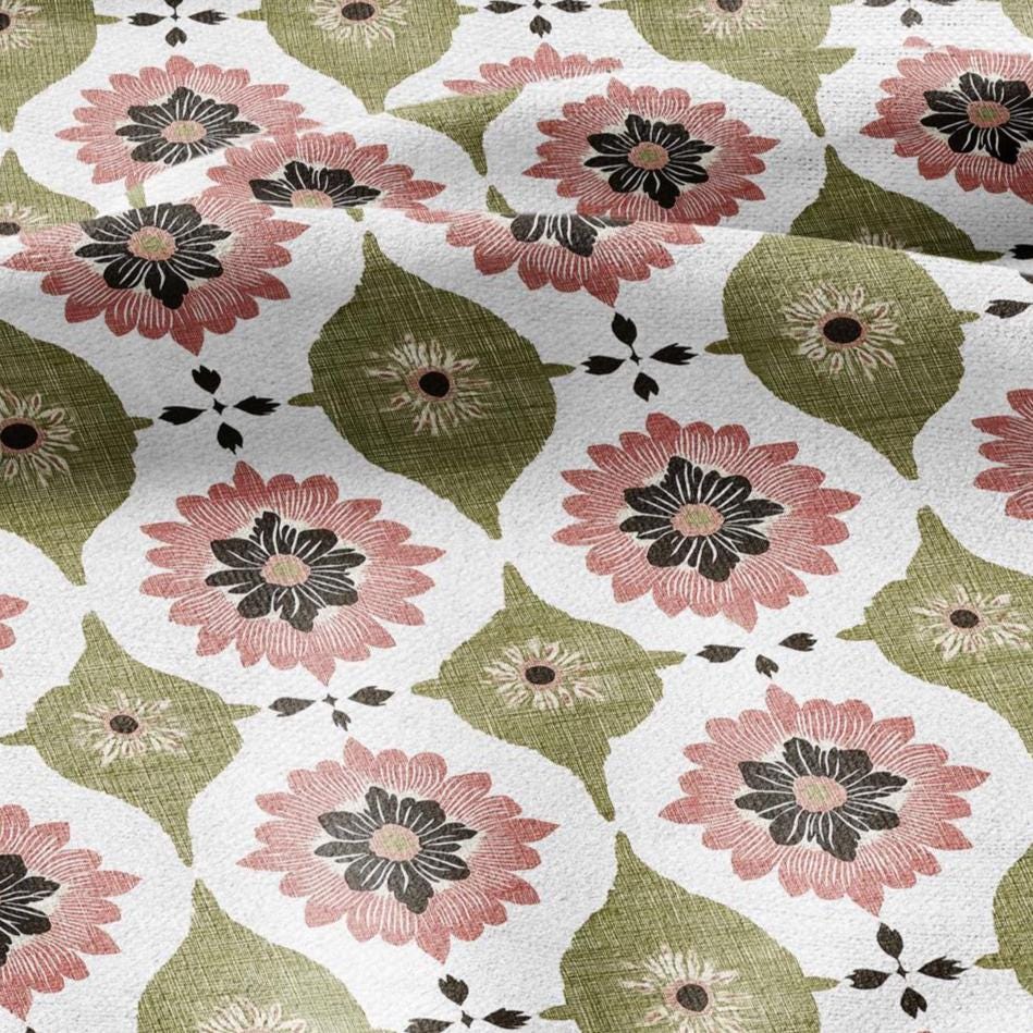 100% LINEN Fabric PInk green floral print - retro block print flower - for upholstery home decor - medium for dress making 2908