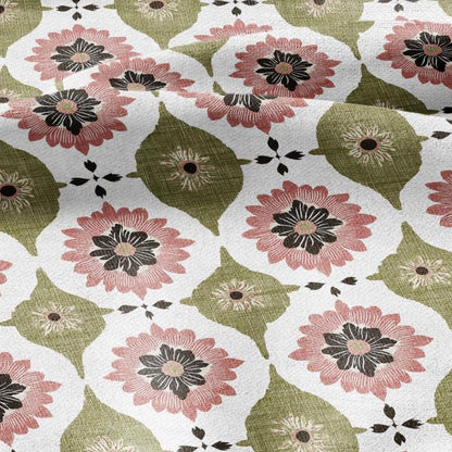 100% LINEN Fabric PInk green floral print - retro block print flower - for upholstery home decor - medium for dress making 2908
