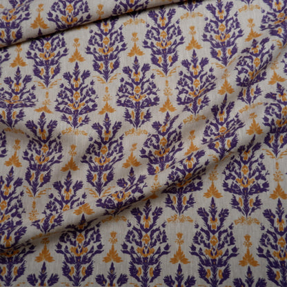 100% LINEN Fabric block print with purple yellow | oatmeal linen fabric with floral print | linen fabric for upholstery home decor