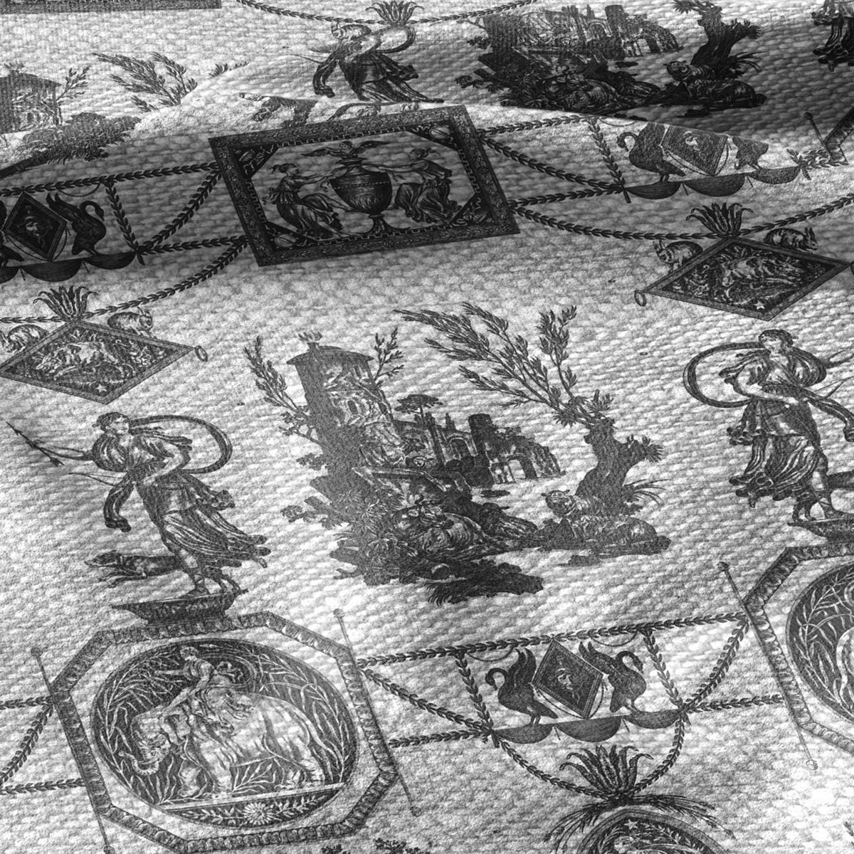 100% LINEN Fabric french blakc print oatmeal - Goddess Diana with Lion - toile de jouy - Diane chasseresse by Jean-Baptiste Huet 3420